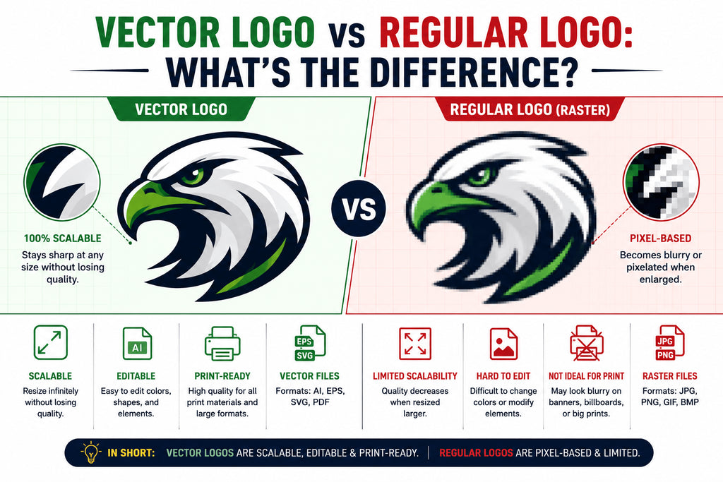 Vector logo vs regular logo comparison showing sharp scalable vector artwork beside a pixelated JPG logo for professional printing.