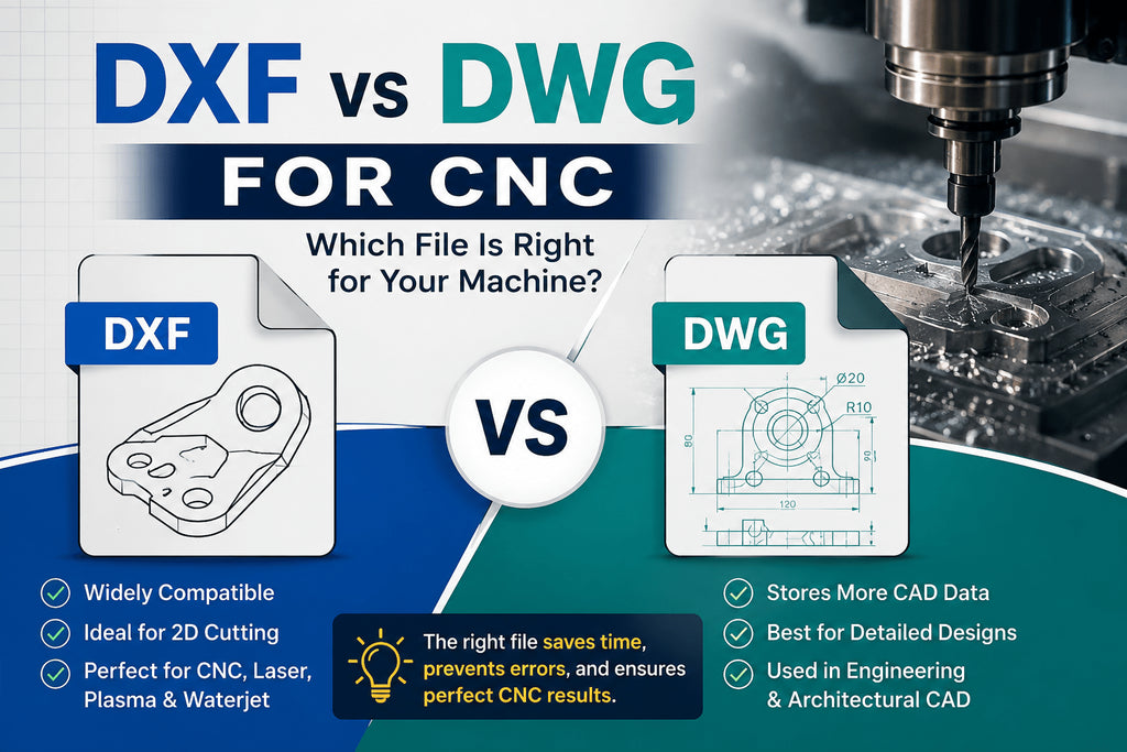 DXF vs DWG comparison for CNC showing file formats, CAD drawings, and CNC machine cutting applications