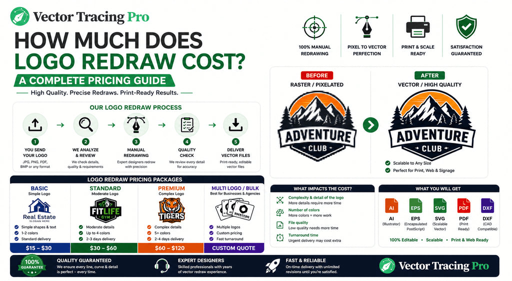 Logo redraw cost guide showing factors that affect professional logo redraw pricing, including design complexity, file formats, revisions, and turnaround time.