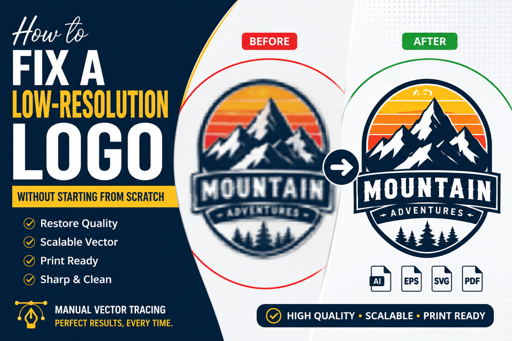 Before and after comparison showing how a low-resolution blurry logo is transformed into a sharp, print-ready vector logo using professional manual vector tracing services