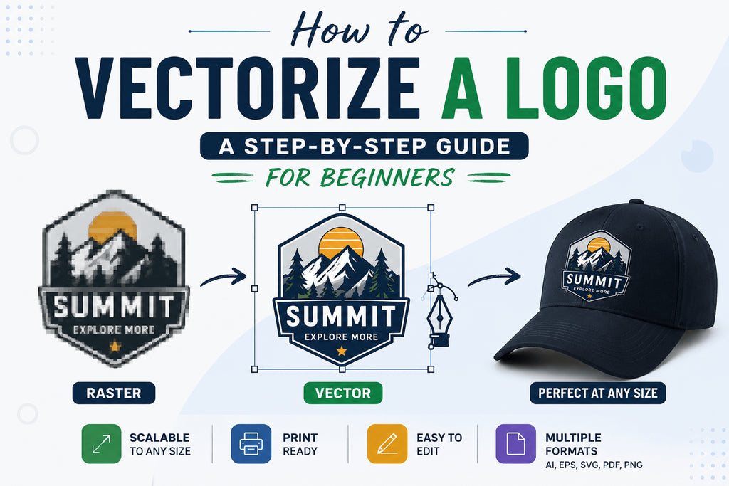 Infographic explaining how to vectorize a logo step by step, from a pixelated raster image to a scalable vector file for printing and design.