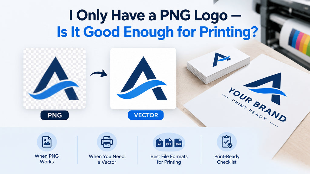 PNG logo vs. vector logo for printing, showing the difference in image quality, print-ready file formats, and professional printing requirements.