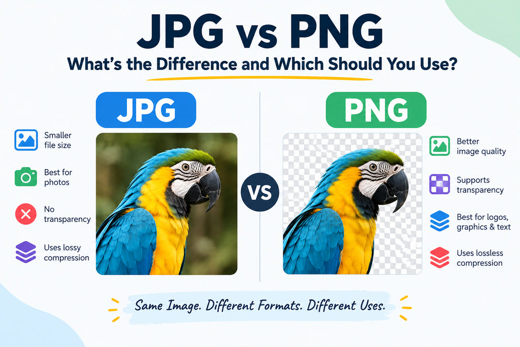 Visual example of JPG and PNG quality difference on logo and photograph