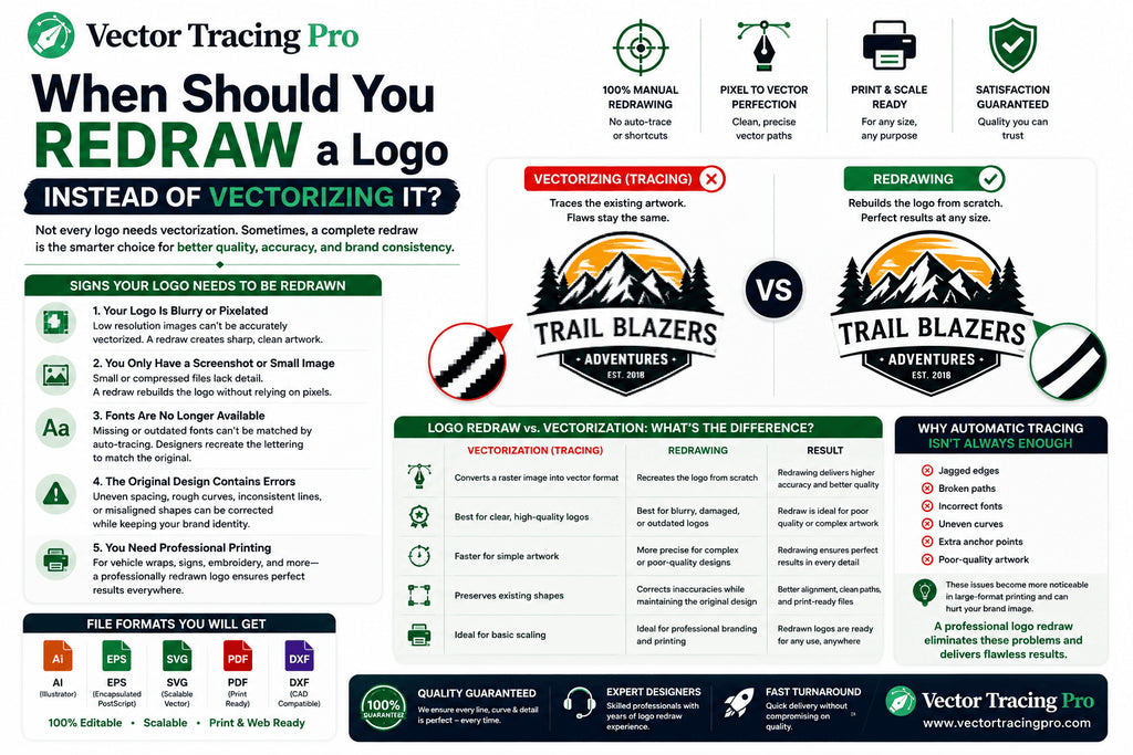 When to redraw a logo instead of vectorizing it, focusing on poor-quality artwork, damaged details, and professional logo recreation.