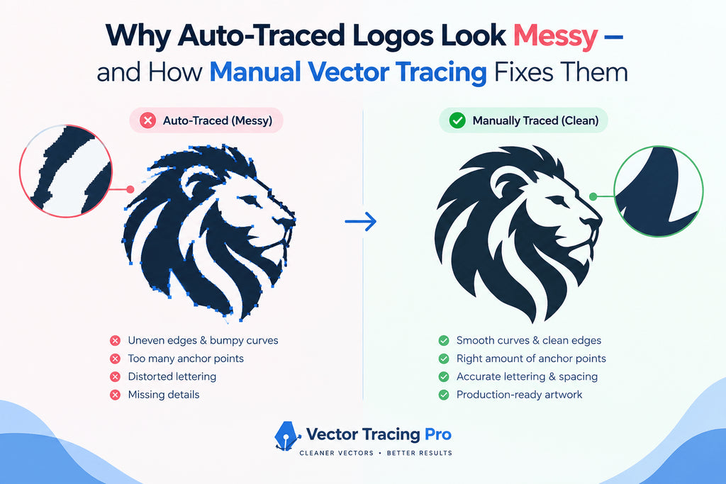Comparison of messy auto-traced logo edges and excessive anchor points with clean, smooth curves created through manual vector tracing by Vector Tracing Pro.