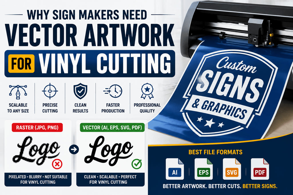 Illustration showing why sign makers need vector artwork for vinyl cutting, featuring a vinyl cutter, vector file formats (AI, EPS, SVG, PDF), and a comparison between blurry raster and sharp vector logos.