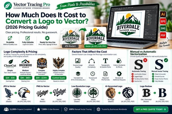 Vector Tracing Pro pricing guide infographic showing logo vectorization costs from $20 to custom quotes based on complexity, manual vs. automatic tracing comparison, and supported file formats like AI, EPS, SVG, and PDF.
