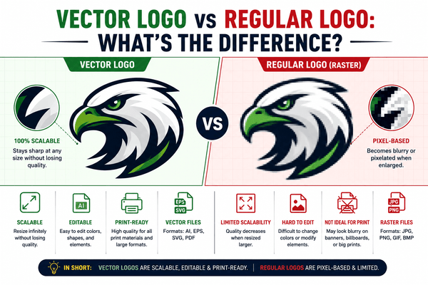Vector logo vs regular logo comparison showing sharp scalable vector artwork beside a pixelated JPG logo for professional printing.