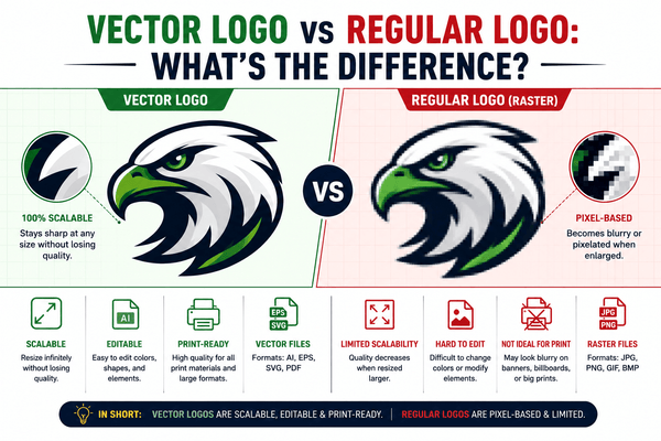 Vector logo vs regular logo comparison showing sharp scalable vector artwork beside a pixelated JPG logo for professional printing.