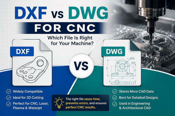 DXF vs DWG comparison for CNC showing file formats, CAD drawings, and CNC machine cutting applications