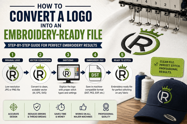 Illustration showing how to convert a logo into an embroidery-ready file, featuring vector artwork, embroidery digitizing, DST file creation, and a professionally embroidered logo on a cap.
