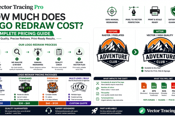 Logo redraw cost guide showing factors that affect professional logo redraw pricing, including design complexity, file formats, revisions, and turnaround time.