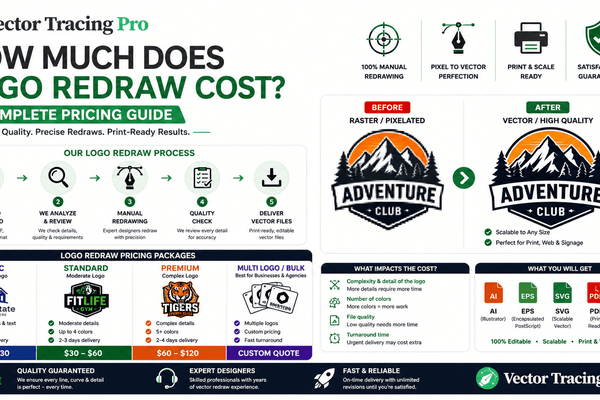 Logo redraw cost guide showing factors that affect professional logo redraw pricing, including design complexity, file formats, revisions, and turnaround time.