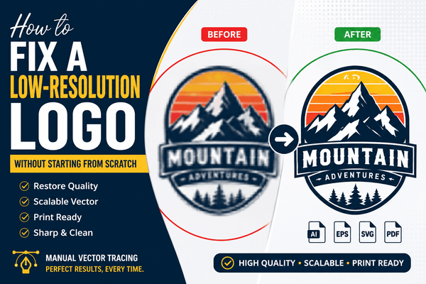 Before and after comparison showing how a low-resolution blurry logo is transformed into a sharp, print-ready vector logo using professional manual vector tracing services
