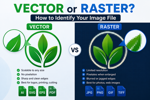 Vector or raster image comparison showing how to identify image files, including scalable vector graphics and pixelated raster images such as JPG and PNG.