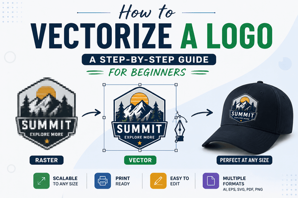 Infographic explaining how to vectorize a logo step by step, from a pixelated raster image to a scalable vector file for printing and design.