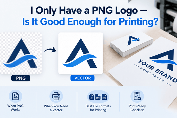 PNG logo vs. vector logo for printing, showing the difference in image quality, print-ready file formats, and professional printing requirements.