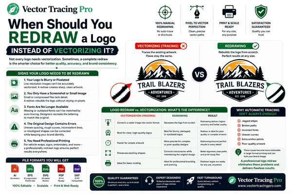 When to redraw a logo instead of vectorizing it, focusing on poor-quality artwork, damaged details, and professional logo recreation.