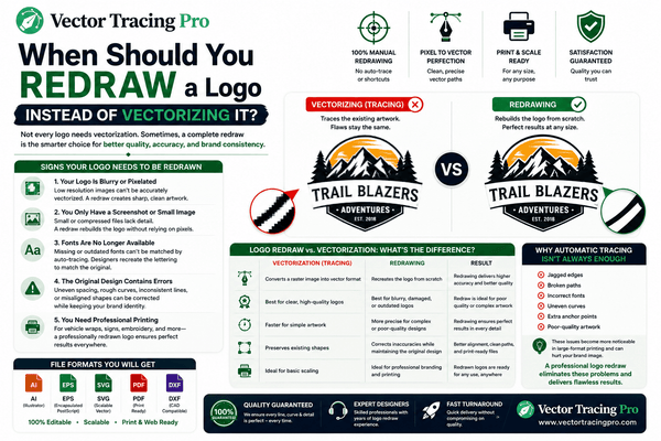 When to redraw a logo instead of vectorizing it, focusing on poor-quality artwork, damaged details, and professional logo recreation.